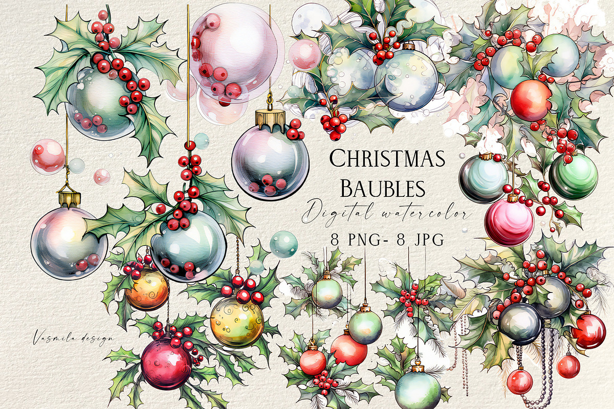Christmas Holly and Baubles, a Decorative Illustration by Vasmila (Photo 1 of 7)