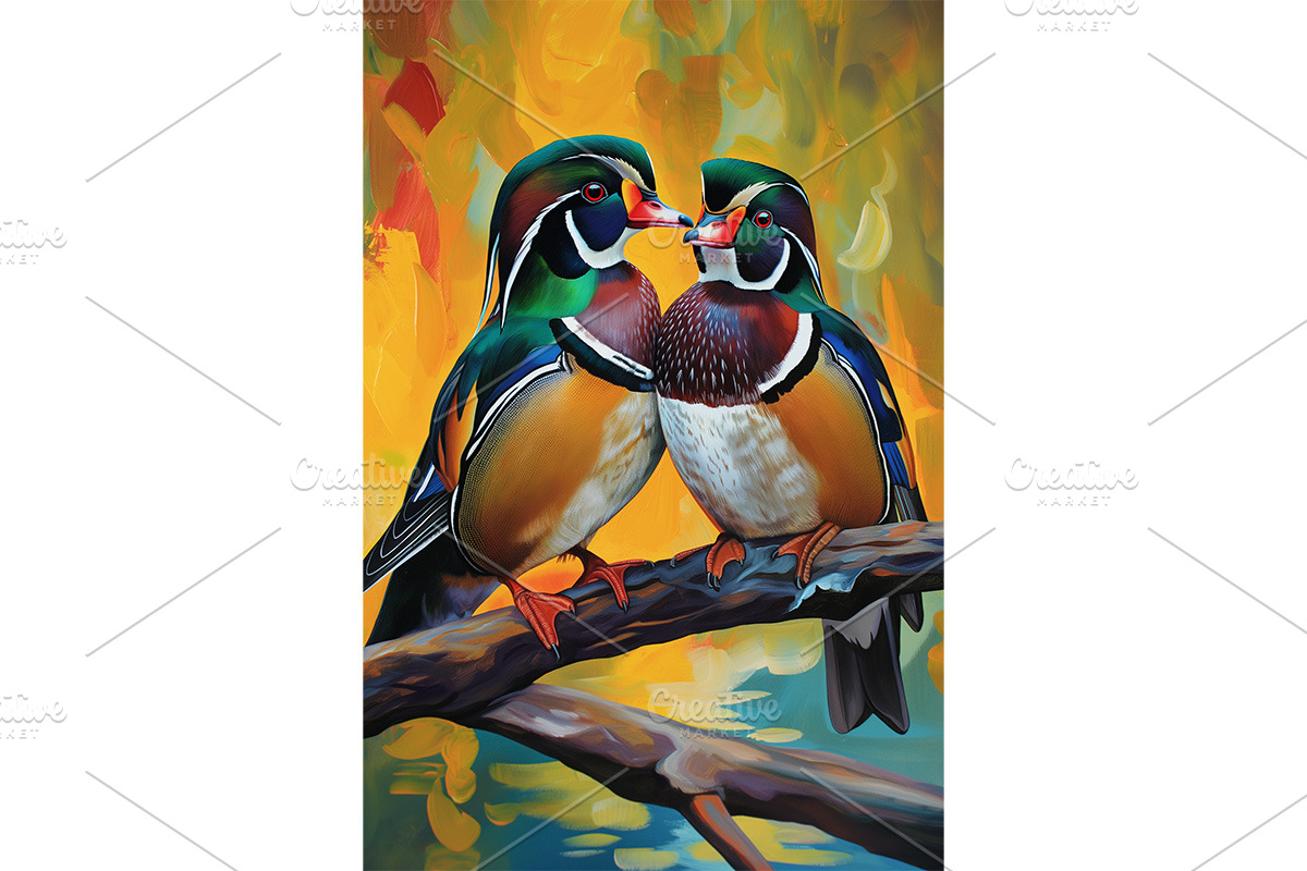 Mandarin Duck Pair in Nature Art, an Animal Illustration by Art Paradise Studios