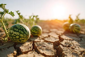 Ripe watermelons on cracked earth at sunset in a vibrant harvest field, a Food & Drink Photo by AlyaAnd