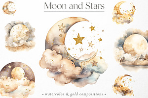 Watercolor Moon & Golden Stars PNG