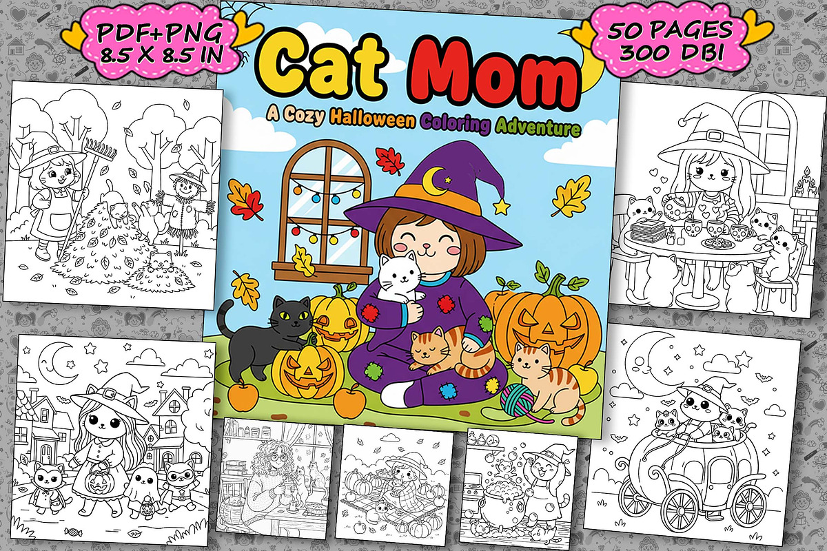 Cat Mom Halloween Coloring Book Page, an Illustration by one-touch (Photo 1 of 8)