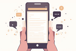 Hand holding a smartphone with text messages and communication icons, a Photo by AS photostudio