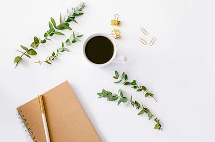Desktop mockup of coffee & notebook, a Business Photo by Emma Kate Creative