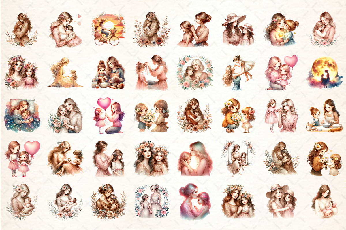 Mother's Day Clipart, Mum Daughter, an Illustration by DreamCafeArt (Photo 2 of 6)