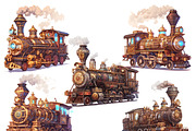 Watercolor Vector Steampunk Trains, a Transportation Illustration by Design Scotch (Thumbnail 4 of 7)