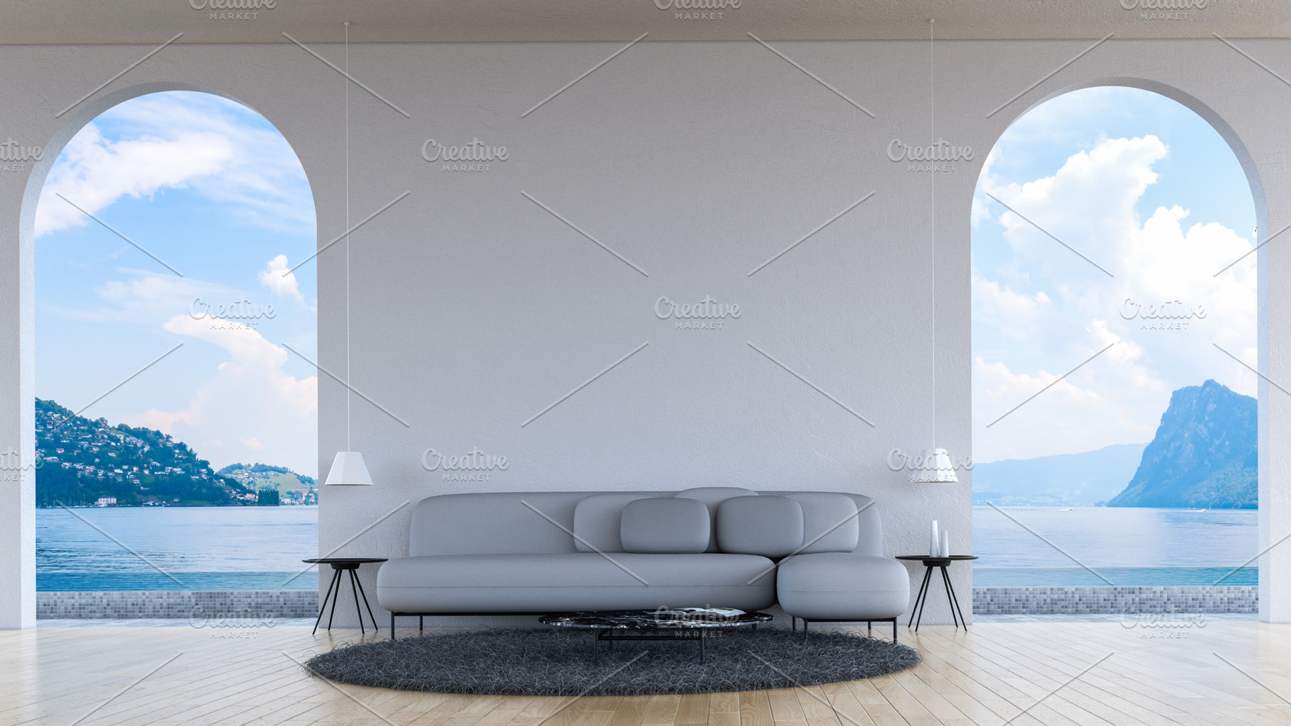 Modern loft living room sea view 3d containing 3d, apartment, and blank, an Architecture Photo by MOOSPACE_STUDIO
