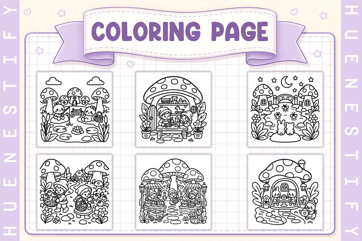 Mushroom Village Coloring Book, a Seasonal Illustration by HueNestify (Photo 3 of 4)