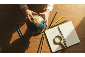 Child exploring globe on wooden desk, a School & Education Photo by Igor Tichonow