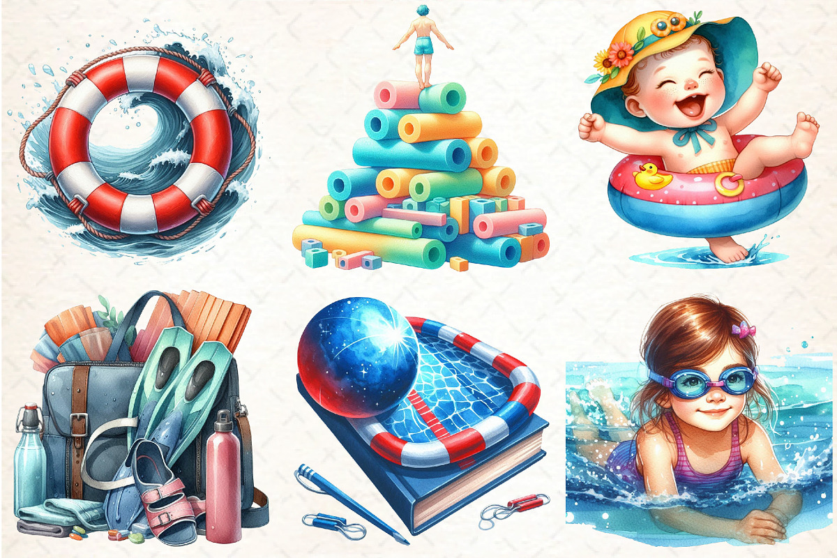 Watercolor Summer Swimming Clipart, an Illustration by DreamCafeArt (Photo 3 of 6)