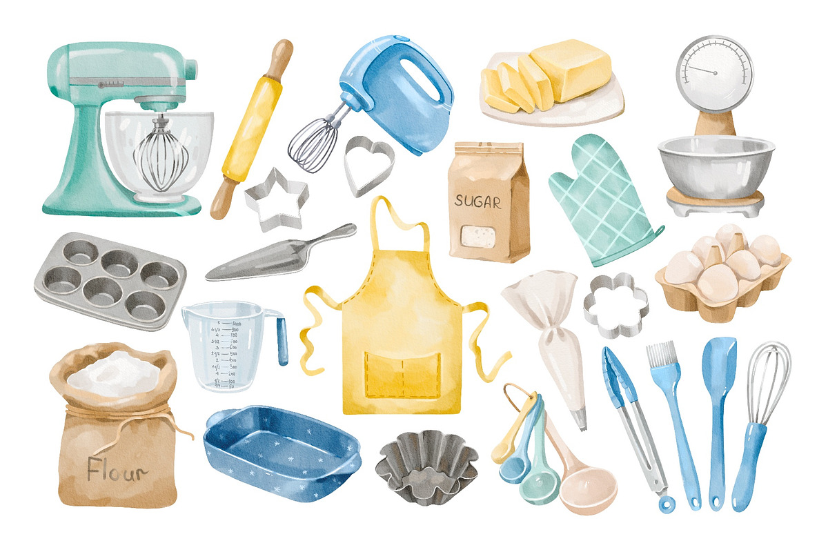 Watercolor Baking Supplies Clipart, a Food Illustration by ArtGiftsStudio (Photo 2 of 4)