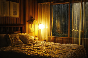Cozy bedroom illuminated by warm lig, a Photo by Iftikhar Alam