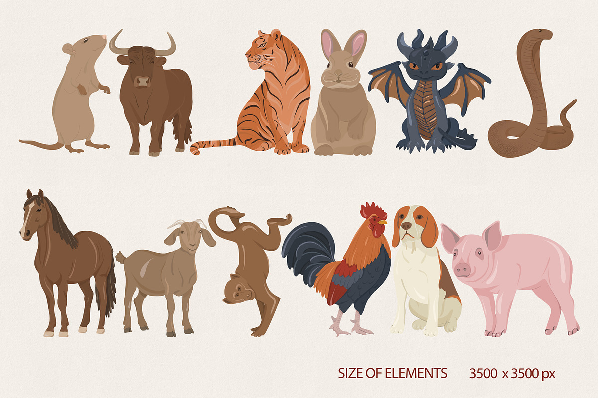 Chinese Zodiac Animals Clipart Set, an Animal Illustration by Vaniuta_Art (Photo 2 of 3)