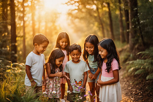 Group of diverse children gathered together on a forest trail in, a Person Photo by DanFLCreativo