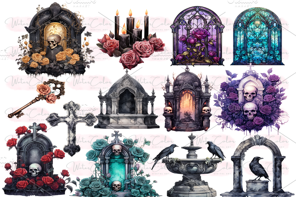 Gothic Tombstones Collection Clipart, an Object Illustration by Watercolor Digital (Photo 3 of 18)
