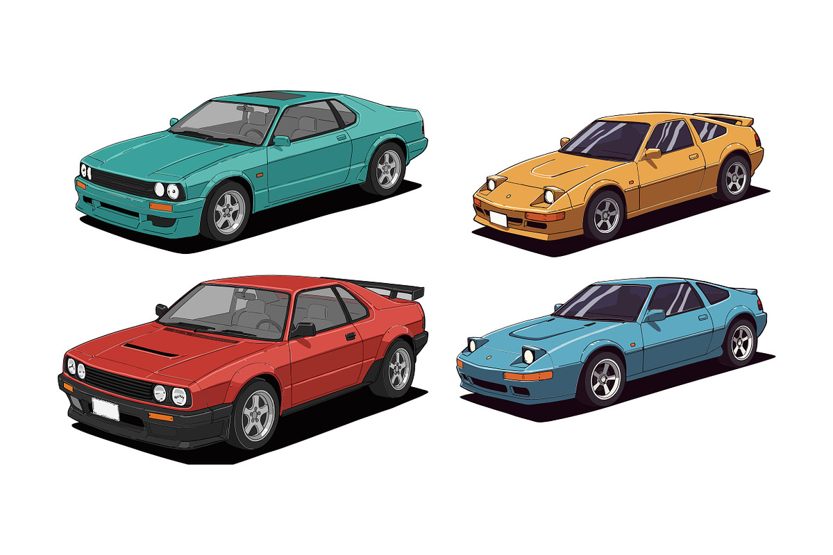 Vintage sports cars in various color, an Illustration by designvectx