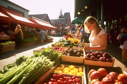A shopper exploring a bustling farmers market, surrounded by fre, a Person Photo by designvectx