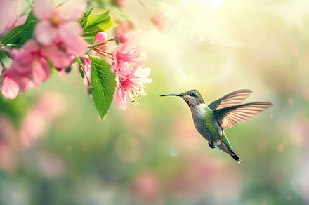 Hummingbird hanging in the air near the flower on blurred background, an Animal Photo by AlyaAnd