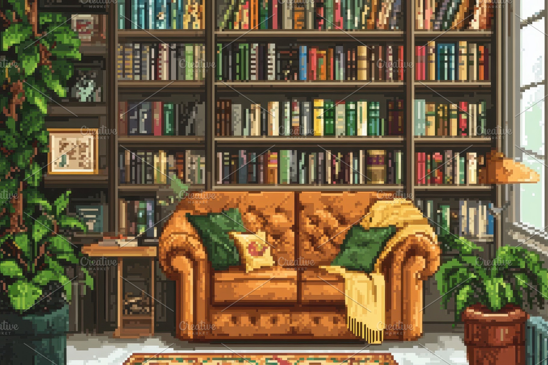 Cozy pixel art library feature, a Photo by Pavel_design