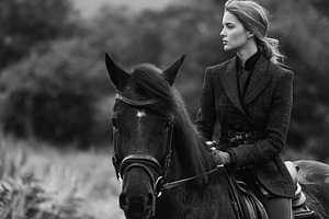 Equestrian woman riding horse in countryside, looking forward wi, a Photo by Studio ANNA