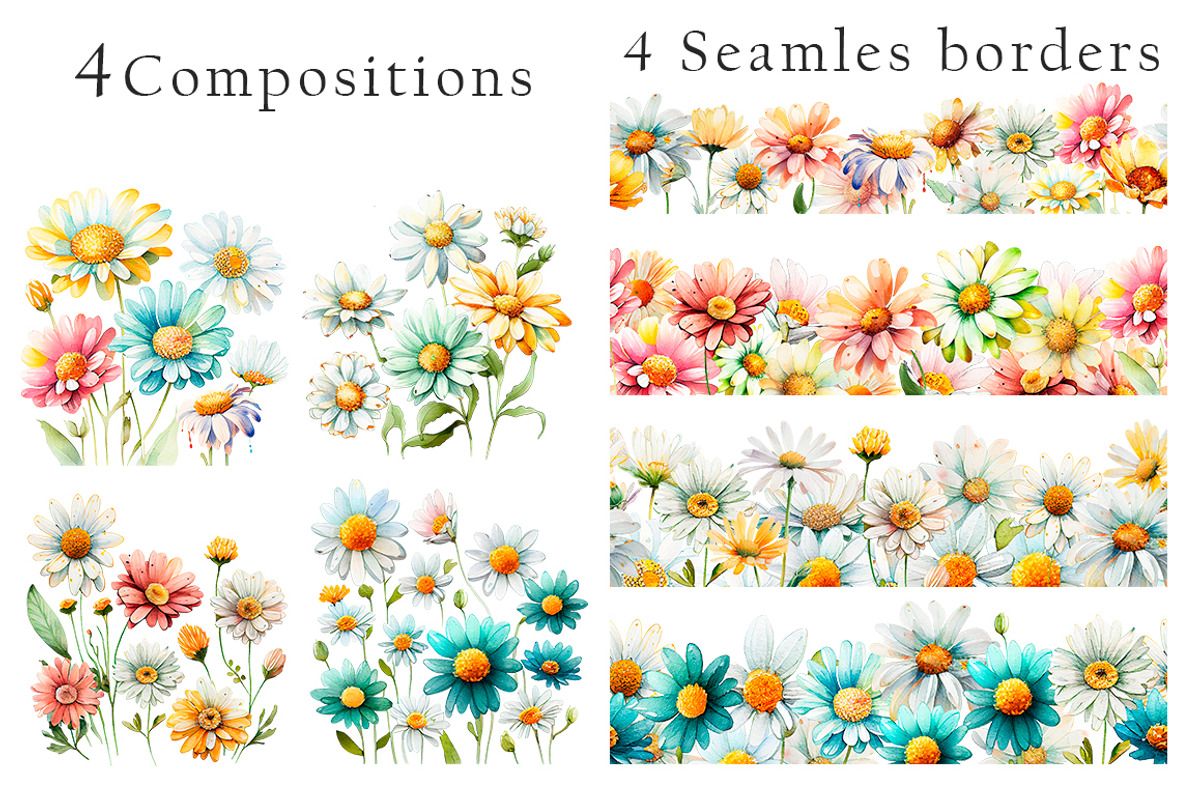 Watercolor Daisies Flowers Clipart, an Object Illustration by Evgeniia (Photo 7 of 8)