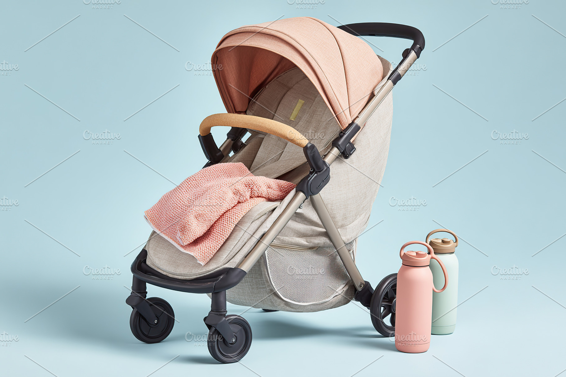 Stylish baby stroller in soft colors with water bottles displayed on a light ba, a Transportation Photo by AlyaAnd