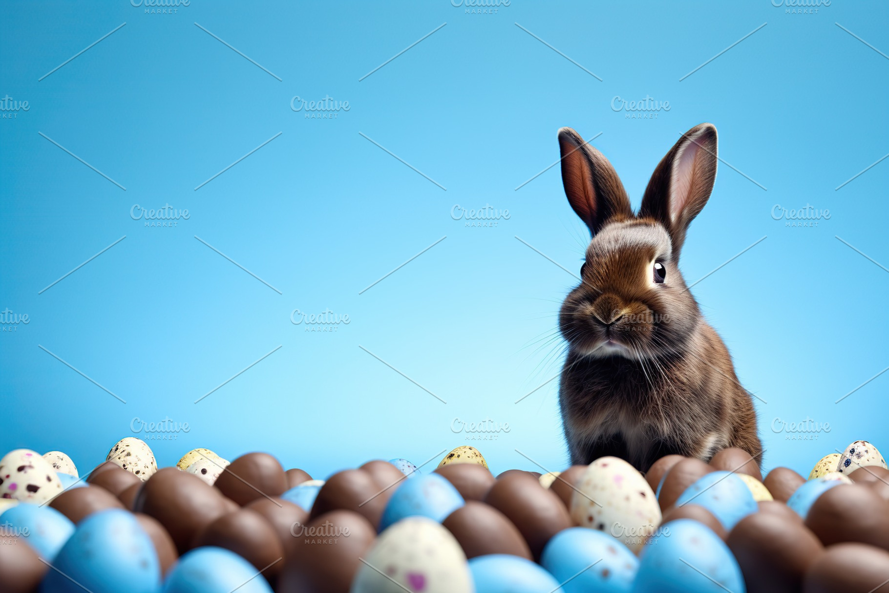 Sweet chocolate rabbit and easter eggs on blue background, a Holiday Photo by AlyaAnd