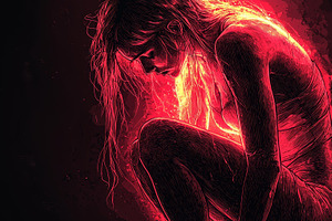 Silhouetted woman portrayed in fiery red tones, expressive and artistically dep, a Photo by AS photostudio