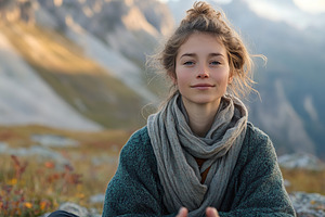 Woman enjoys solitude on mountaintop while surrounded by stunning mountain land, a Person Photo by AlyaAnd