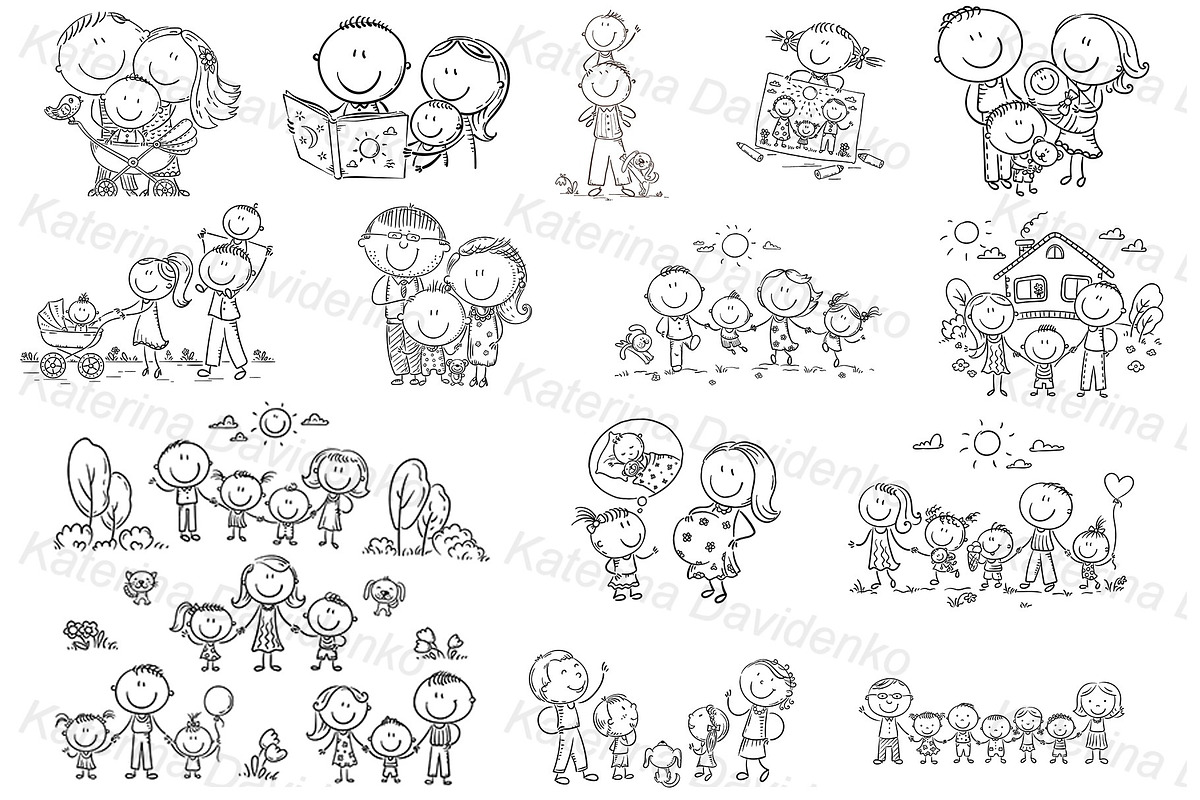 Happy doodle cartoon families bundle, an Illustration by Bubert Art (Photo 3 of 3)