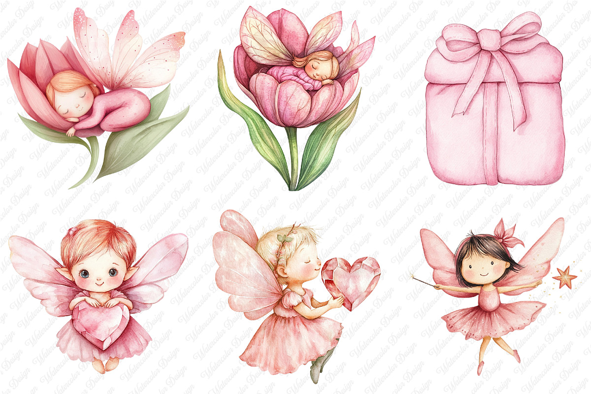 Watercolor Pink Woodland Fairy Clipa, an Illustration by Watercolor design (Photo 4 of 12)