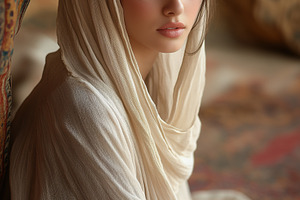 A portrait of a young arabic woman with long dark hair, wearing a light-colored, a Person Photo by Textures & Backgrounds