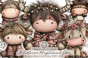 Funny Christmas Highland Cow Clipart, an Illustration by Sublimation Artist