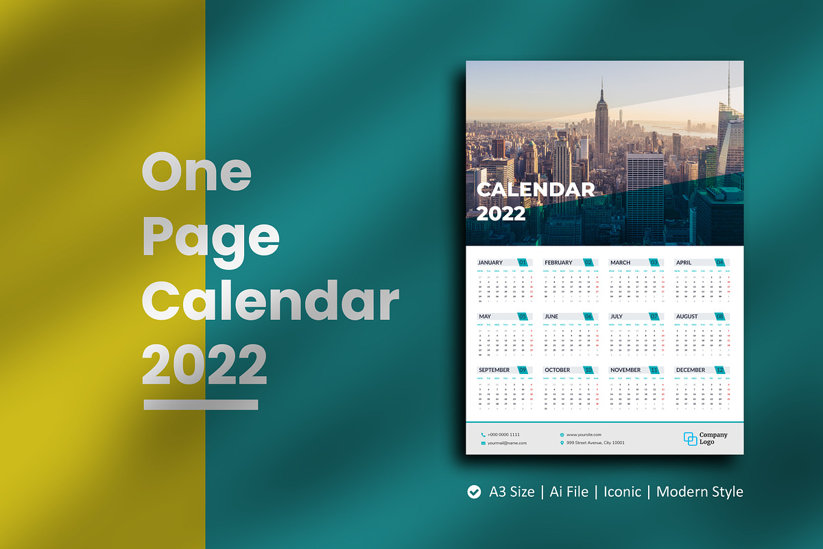 Minimal One Page Wall Calendar 2022, a Templates & Theme by rivatxfz (Photo 1 of 2)