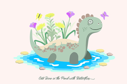Cute dino in the pond and butterfly