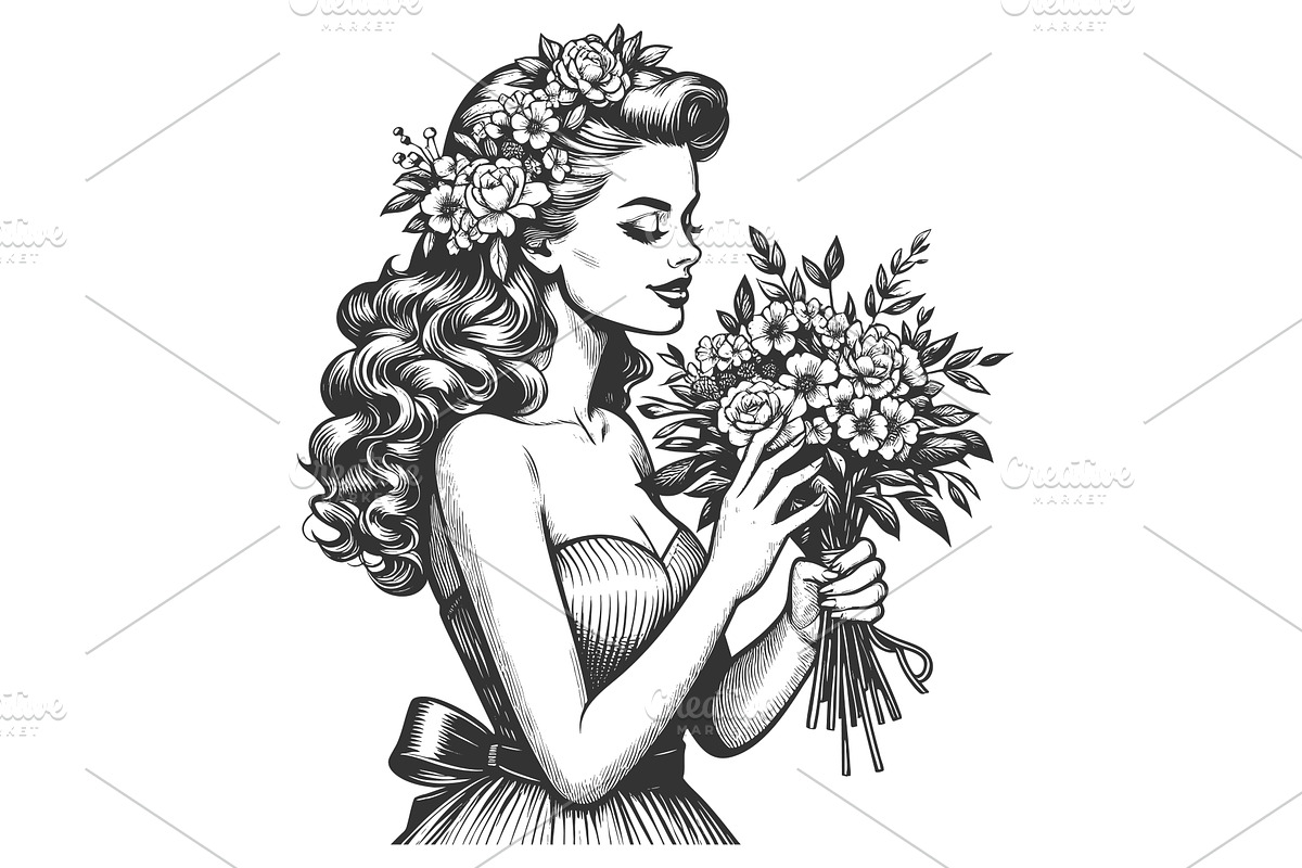 woman with bouquet of flowers vector, a Person Illustration by AlexArt