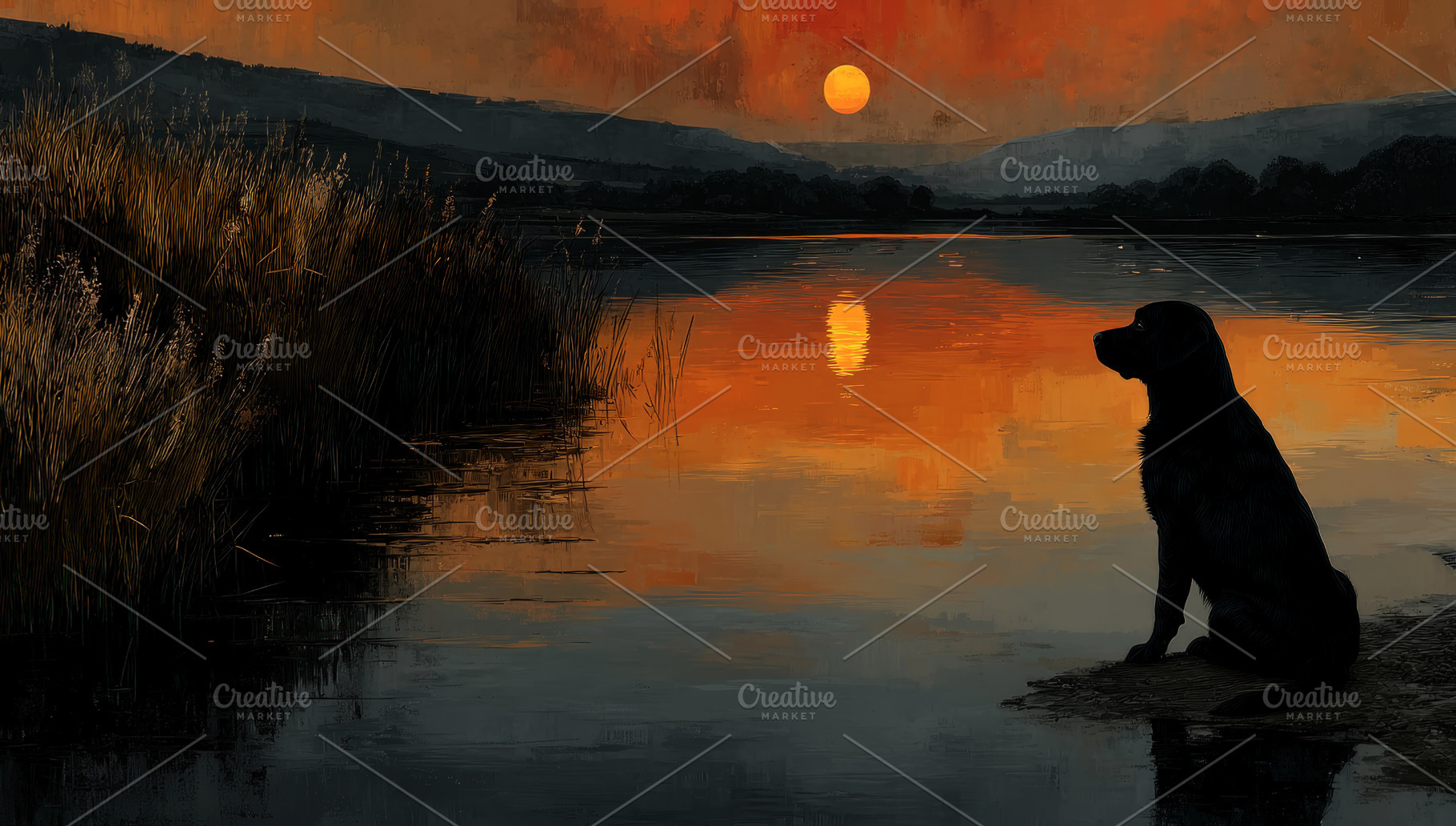 Black dog sitting peacefully by a calm lake at sunset with orang, an Animal Photo by José Manuel Gelpi