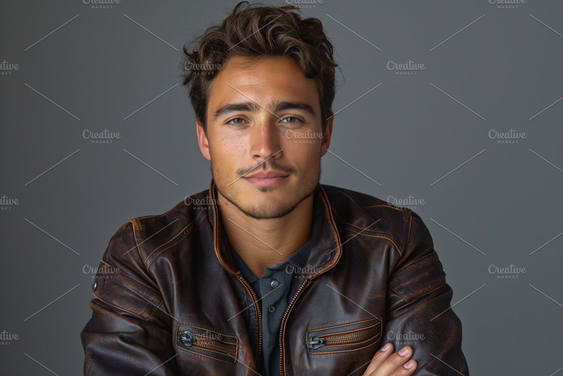 A confident young man with wavy hair and a brown leather jacket, exuding a rela, a Person Photo by ImageMir