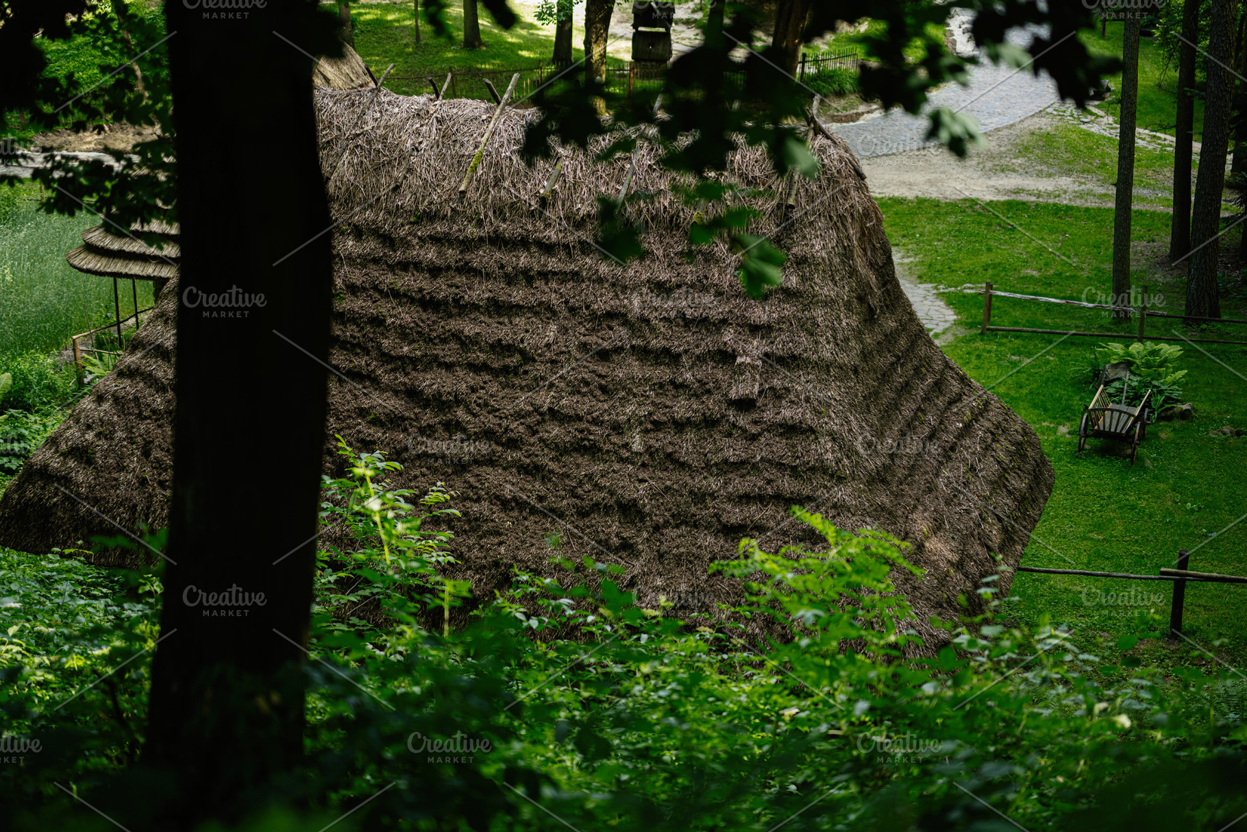 Traditional thatched hut surrounded by lush greenery in a serene forest setting, a Photo by AS photostudio