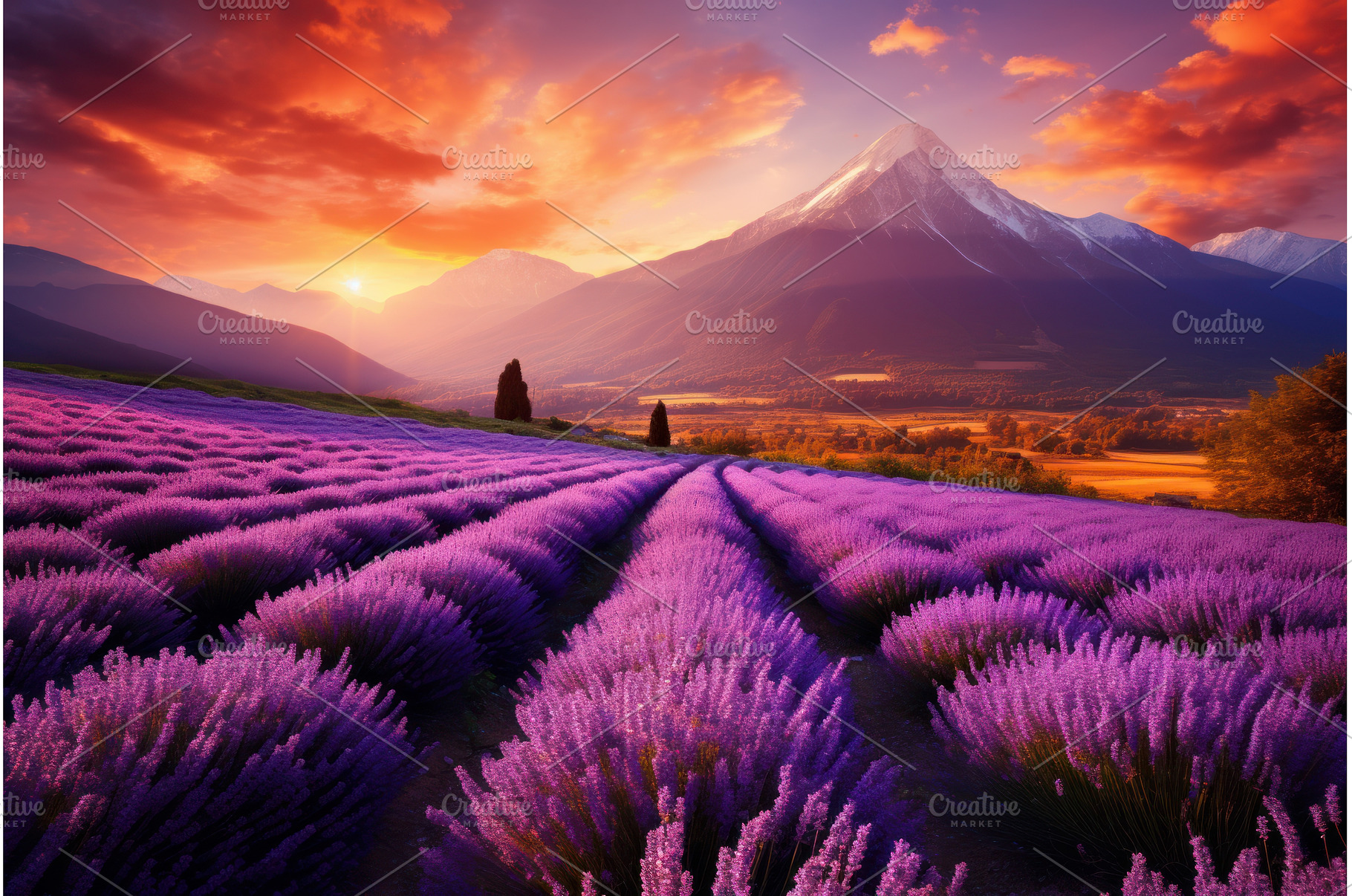 Lavender field mountains. Generate, a Nature Photo by Ylivdesign