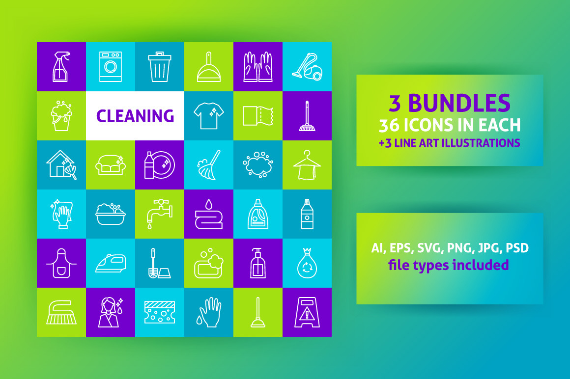 Cleaning Line Art Vector Icons Set, a Solid Icon by Anna_leni