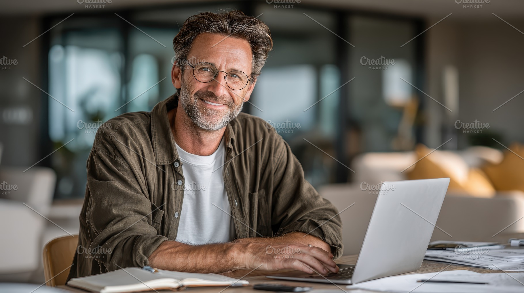 Smiling man working on laptop at hom, a Photo by Pixeness Studio