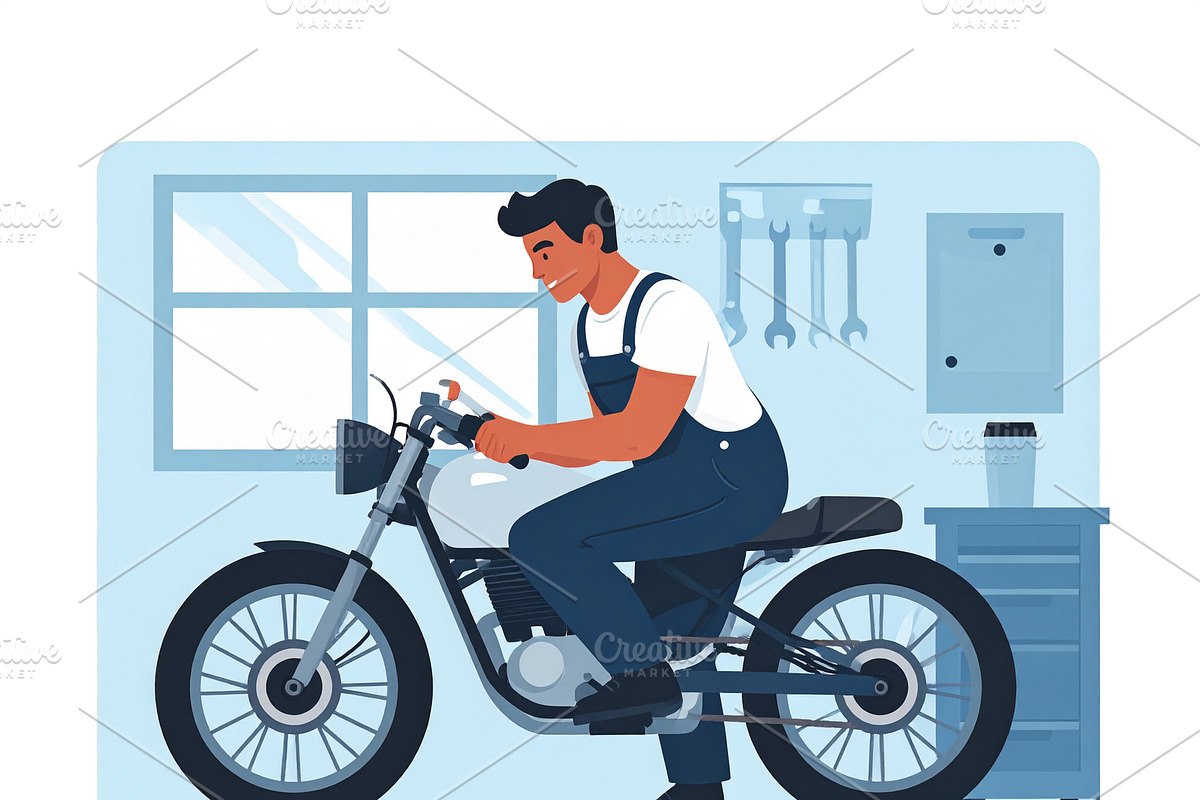 Motorcycle mechanic inside a home garage repairing a motorcycle, a Transportation Illustration by DanFLCreativo