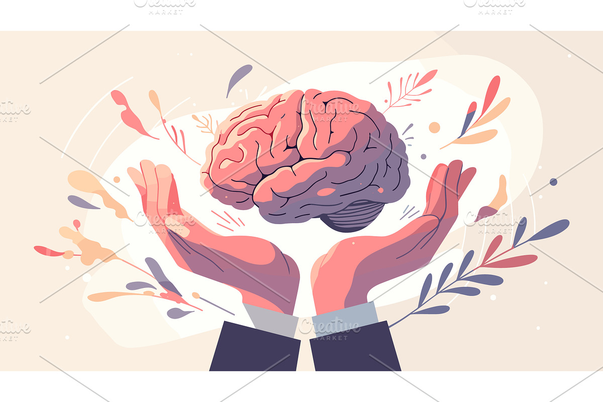 Hands hold brain. Mental health mind, an Education Illustration by Stock-Smart-Start