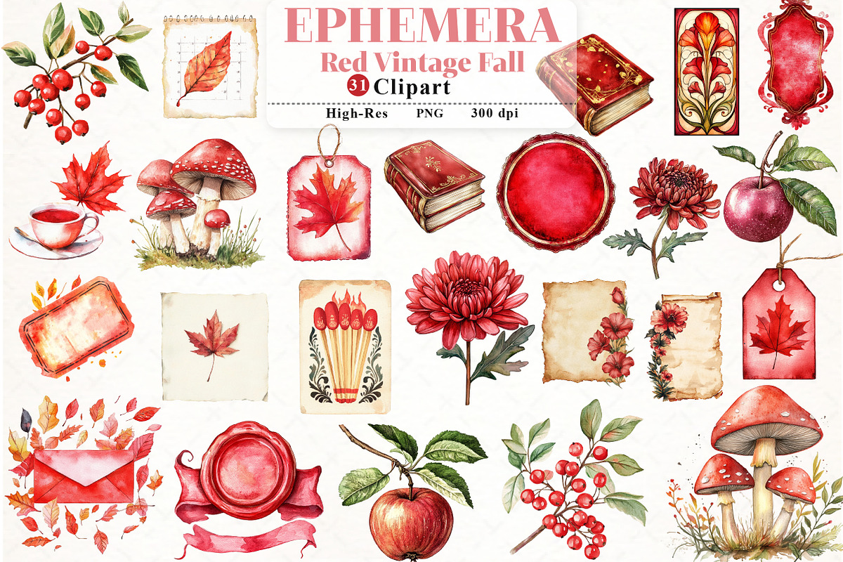 Red Vintage Fall Ephemera Clipart, an Illustration by Watercolor design (Photo 1 of 4)