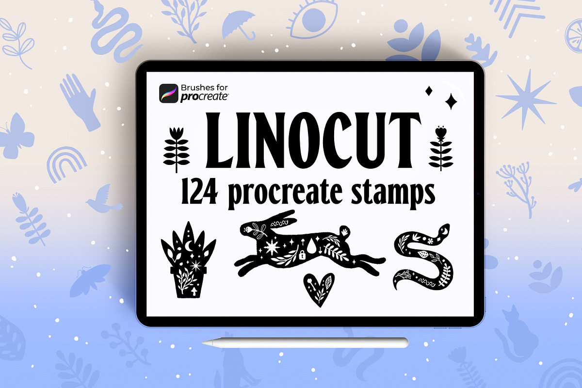 120+ Procreate linocut stamp brushes, a Brush Add-On by laura.design (Photo 1 of 8)