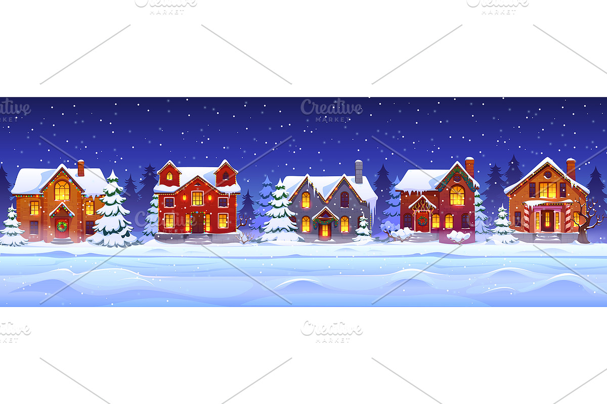 Snowy night Christmas village, a Seasonal Illustration by Seavector Studio (Photo 2 of 3)