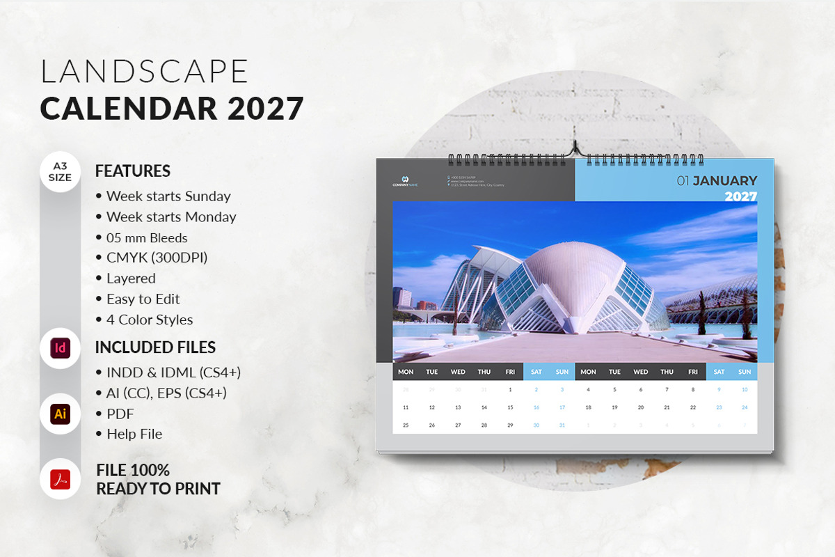 Landscape A3 Calendar 2027, a Stationery Template by MstArtwork (Photo 2 of 8)