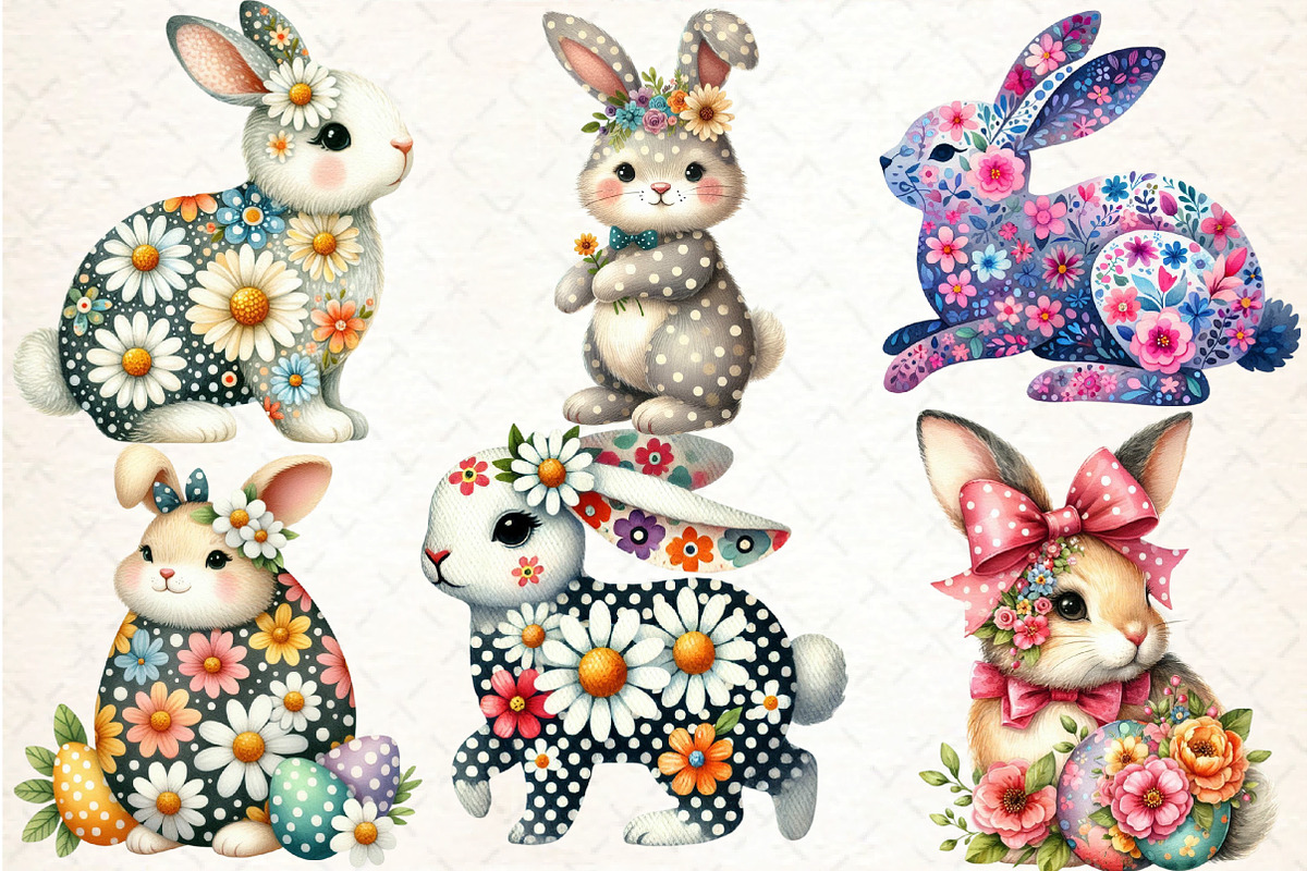 Retro Floral Easter Bunny Clipart, an Illustration by DreamCafeArt (Photo 3 of 4)