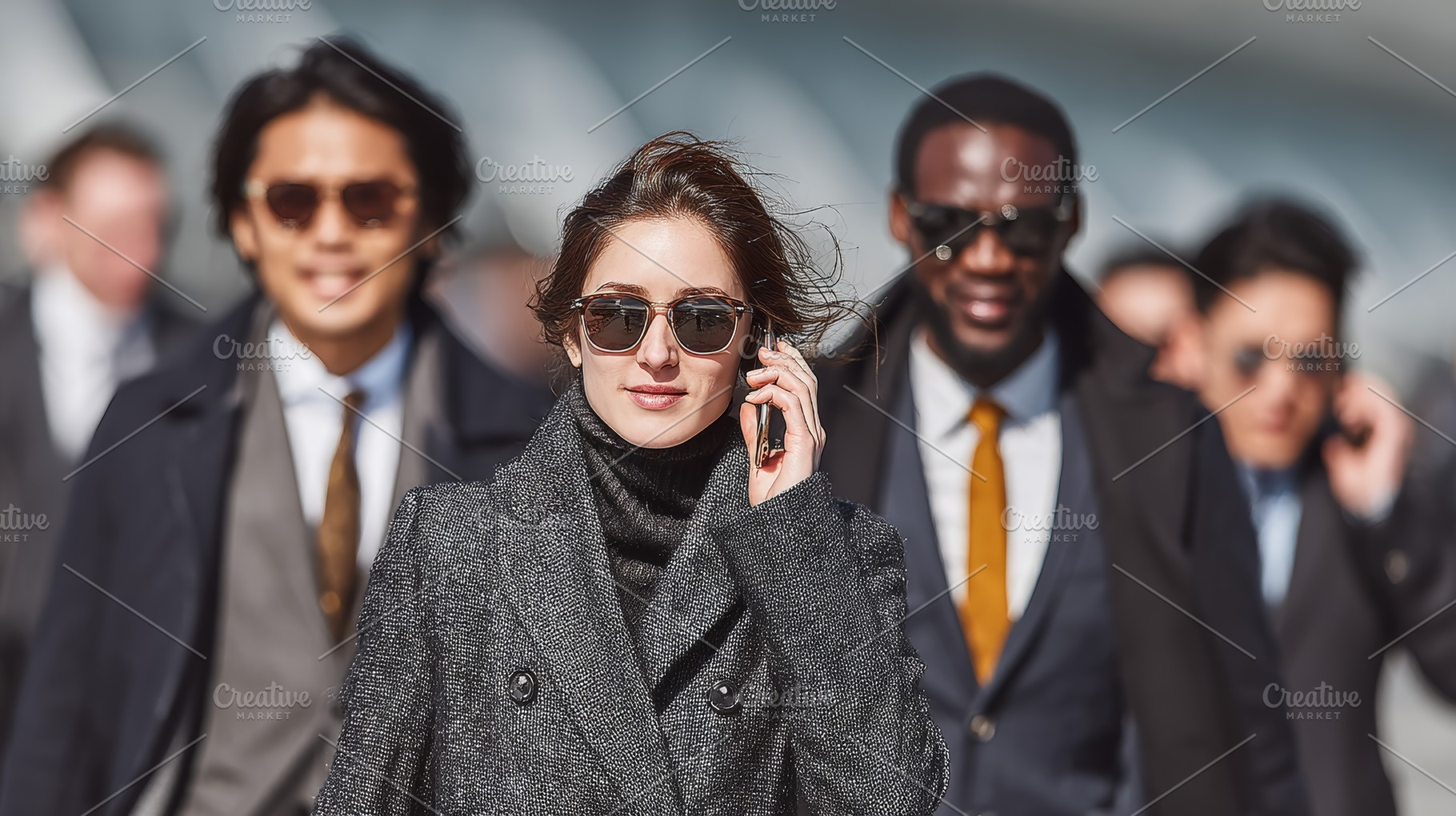 Stylish business traveler leads group of colleagues through busy urban city str, a Photo by AS photostudio