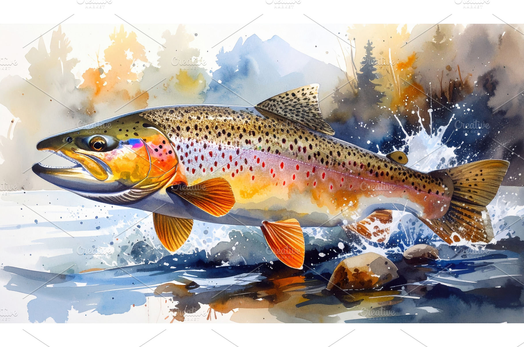 Watercolor trout leaping in mountain, an Animal Photo by Igor Tichonow